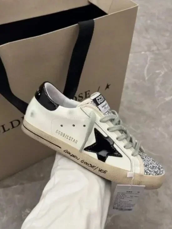Golden Goose White Leather Sneakers with Black Star & Glitter Toe - Picture 8 of 8